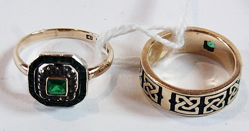 9ct gold, emerald and diamond ring in square setting and 9ct gold green enamel Celtic style ring,
