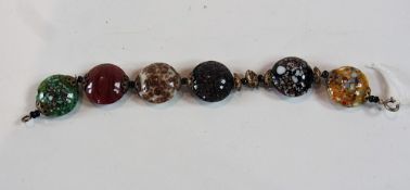 Murano style glass and gilt metal bracelet, having six oblate variously mottled and coloured glass