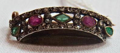 Gold coloured metal ruby, emerald and diamond coronet brooch, set with oval, pear drop and other