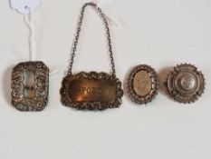 Late Victorian/Edwardian silver port decanter label, a buckle and two silver brooches