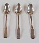 A set of three Scottish provincial silver 'fiddle' pattern tablespoons, Greenock, circa 1800-1830,