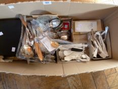 Assortment of EPNS flatware, including:- spoons, forks, knives, boxed knives and spoons etc (1 box)
