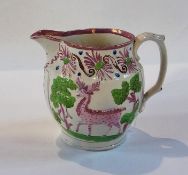 19th century Sunderland lustre ware jug, decorated with raised model of deer, highlighted in pink
