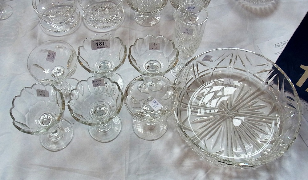 Large cut glass bowl, six various sundae dishes and a champagne glass (8)