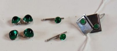 Pair silver-coloured metal and green stone cufflinks and two other pairs of green stone set