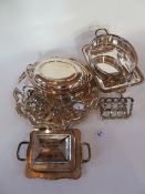 Assorted silverplated items including:- toastracks, salvers, serving dish, glass butter dish in