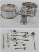 Three silver teaspoons, two napkin rings, salt spoons, nut picks etc, various dates