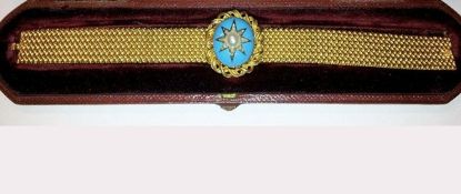 Gold, turquoise enamel, pearl and diamond set bracelet by Howell, James & Co., Regent Street, the
