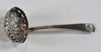Georgian silver sugar caster spoon, with foliate pattern pierced bowl and bright cut engraved