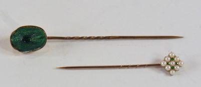 Seed pearl and emerald stickpin, set three rows three each seed pearls alternating with four tiny