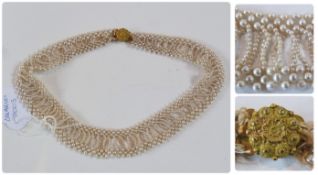 Victorian cultured and seed pearl necklace, graduated, with twin triple rows of pearls linked by