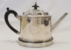 George III silver teapot by Hester Bateman, oval and straight-sided with domed hinged lid, having