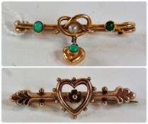 Gold-coloured metal, turquoise and pearl bar brooch, knot and heart dropper pattern, and another 9ct