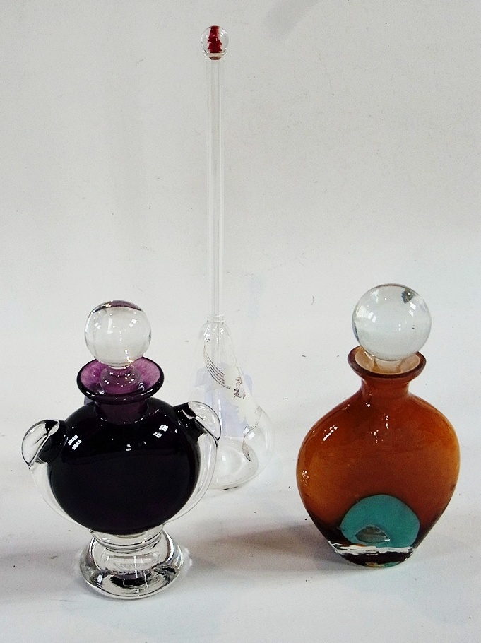 David Wallis purple glass scent bottle with clear glass stopper, handles and base together with