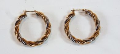 Pair white and yellow 9ct gold rope pattern hoop earrings, 9.3 grams approximately