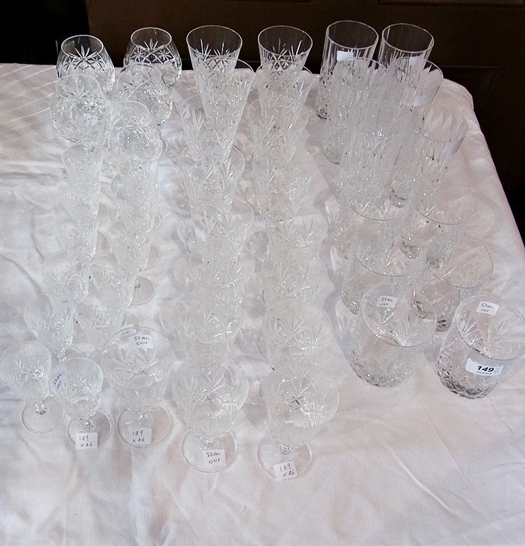 A large quantity of cut glass to include:- tumblers, wines, brandy balloons etc (46)