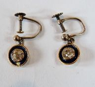 Pair gold and diamond earrings, circular with blue enamel and diamond