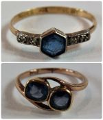 9ct gold blue stone crossover ring, and another