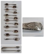 Edwardian silver coffee spoon set with bright cut engraving, and matching pair of sugar nips, twelve