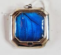 1920s pendant, silver and butterfly wing compact/pillbox, Birmingham, maker's mark O.B
