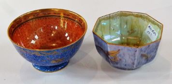 Wedgwood lustre small bowl, blue glazed outside, orange glazed inside, with gilt bird of paradise