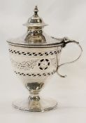 George III silver pedestal mustard pot, of footed vase shape, having hinged cover with domed finial,