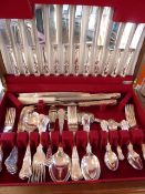 A "Kings" pattern silverplate canteen, marked Sheffield, knives, forks, spoons, soup spoons, fish
