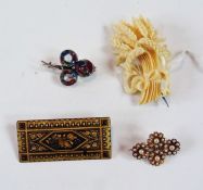 Gold coloured metal and seedpearl brooch, quadruple flowerhead pattern, enamelled and gilt metal