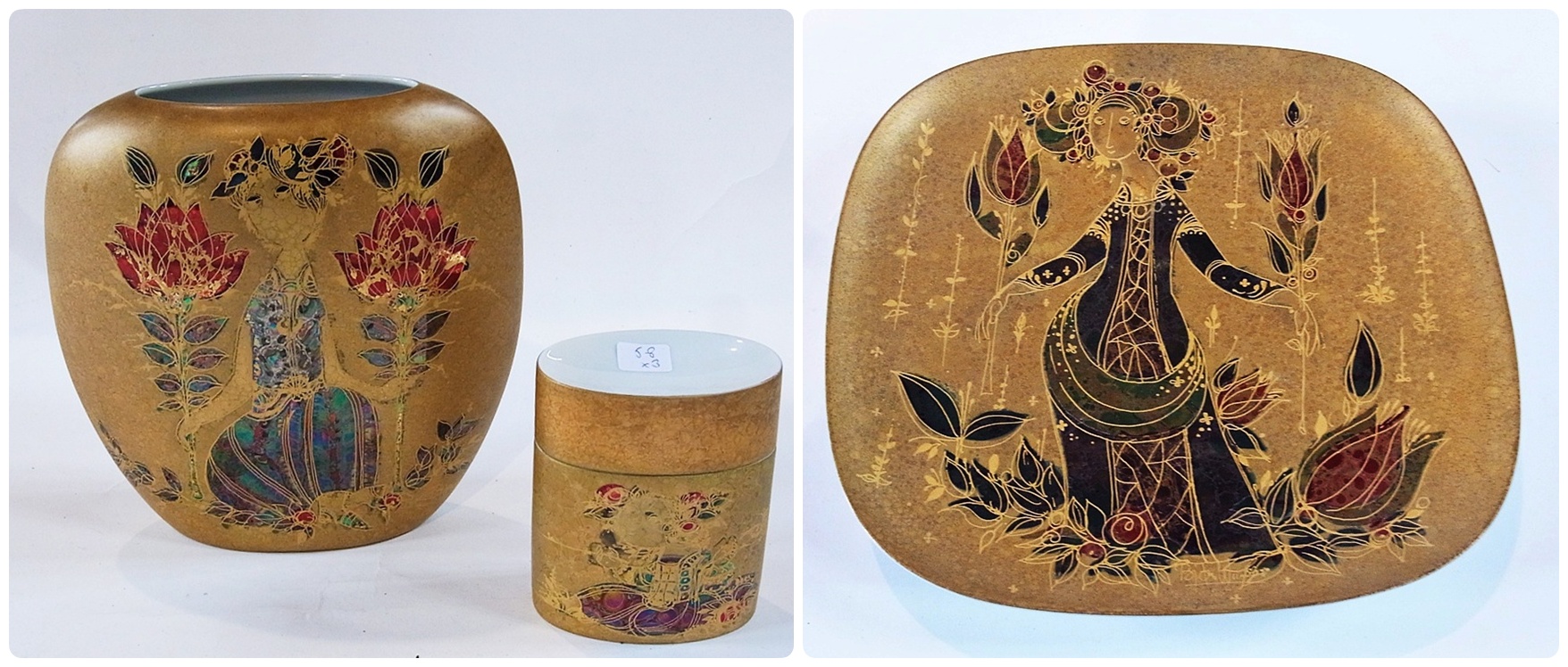 Rosenthal studio Linie gold ground vase, decorated with girls and flowers, inlaid with flash