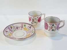 An Allertons 19th century floral pink mug and saucer, together with another mug (3)