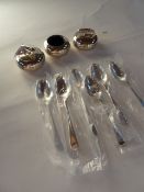 Silver plate condiment set and plated teaspoons, modelled as curling stones