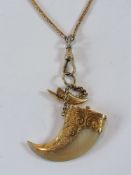 Indian tiger's claw pendant, with scroll engraved gold-coloured metal mount and the gold-coloured