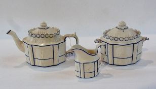 A Victorian white stoneware teapot together with matching covered sugar basin and jug, highlighted