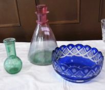 A blue flash glass bowl, 17cm diameter and a Cowdy decanter and matching small vase  (3)