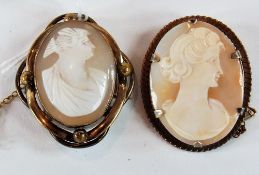 Victorian carved shell cameo brooch, with gold-coloured oval mount together with another cameo