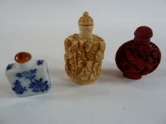 Chinese cinnabar lacquer snuff bottle, flattened, circular, figure carved, simulated ivory snuff