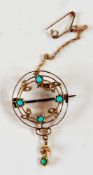 9ct gold and turquoise pendant brooch, circular with two floral droppers