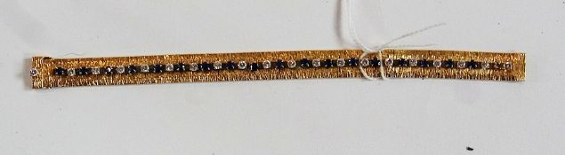 18ct gold, sapphire and diamond bracelet, the bark finish rectangular sectioned gold bracelet