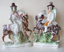 Pair 19th century Staffordshire flatback figures, Welsh lady and gentleman riding goats, 27 cm high