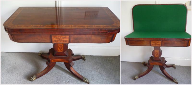 A Regency inlaid mahogany foldover card table, raised on a marquetry inlaid vase-shaped pedestal and