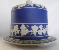 A blue jasperware stilton dish and cover and small plate (2)