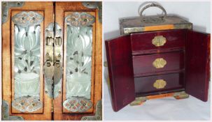 A Chinese miniature table cabinet, with pierced brass mounts and with carved and pierced jade