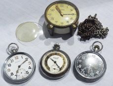 Two Military Helvetia open-faced pocketwatches, folding travel clock in folding case, Roamer alarm