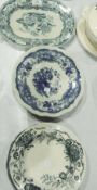 Masons blue and white pottery meat dish, Three Spode Blue Room Collection plates "Ruins" and other
