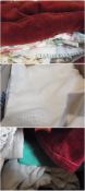 Large quantity of textiles, to include curtains, tablecloths, bedspreads etc., (3 boxes)