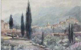 Watercolour drawing 
Cyril Fitzroy 
Italian mountain town landscape with figure in foreground,