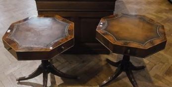 Pair Edwardian mahogany veneered octagonal tables, inset leather, having one small drawer and