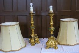 Pair continental eighteenth century style gilt gesso table lamps, foliate columns decorated with