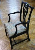 Chippendale style mahogany elbow chair with bow shaped crest well, pierced splat, with needlework