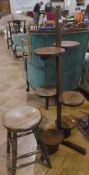 Modern stained pine plant stand, together with a stool, (2)